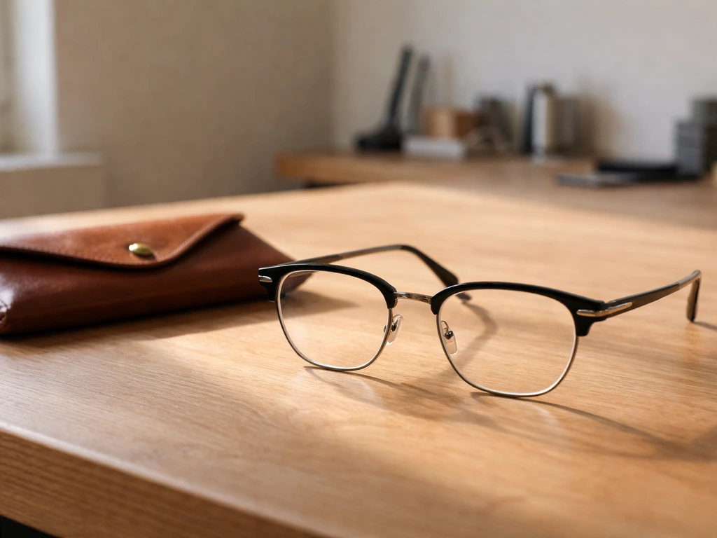 Close-up of designer eyewear on a wooden desk in a sunlit studio, evoking luxury and business valuation.