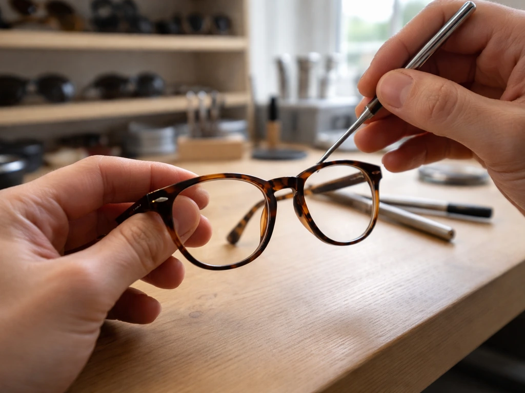 Eyeglass frames being adjusted on a clean workshop bench in natural window light.
