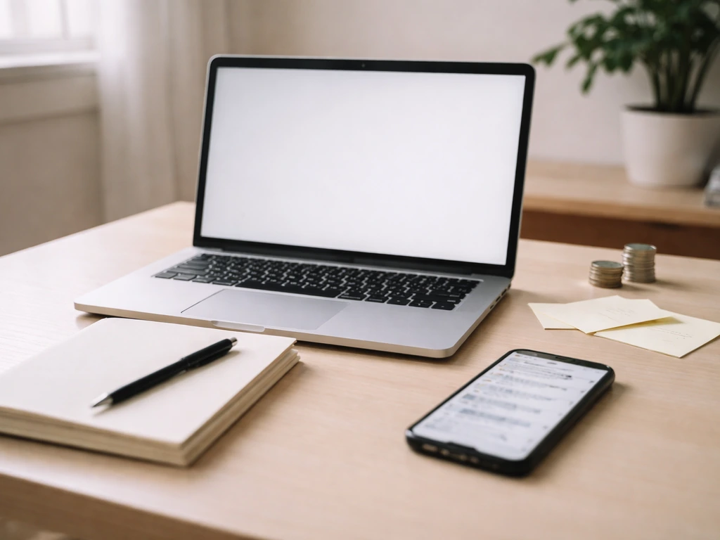 Minimal desk scene with open laptop, notebook, pen, and blurred search results for researching current figures
