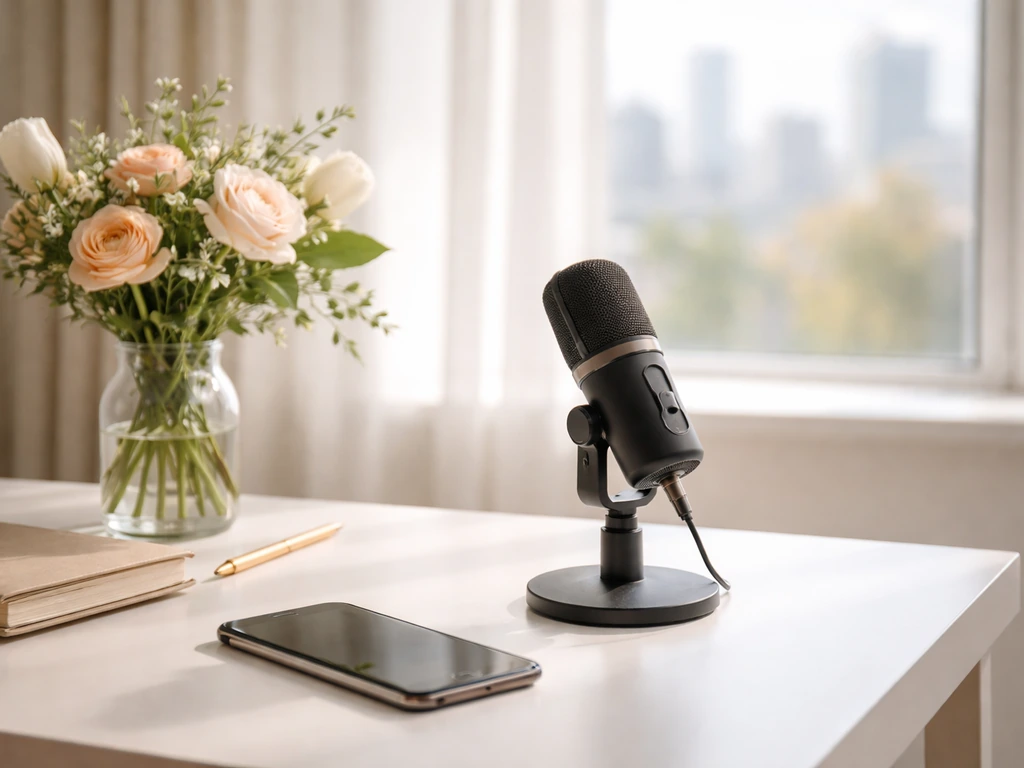Minimal home office scene with a studio microphone, smartphone, and bouquet in natural window light.