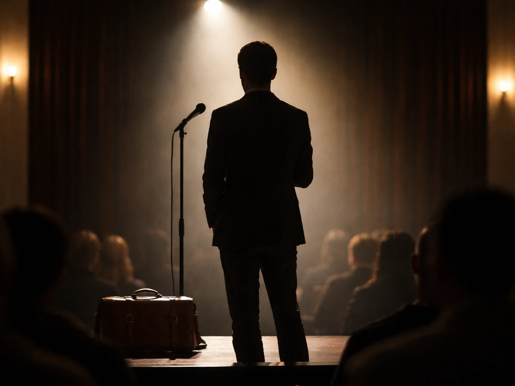 Speaker at a small stage with a microphone and spotlight, suggesting keynote motivational speaking