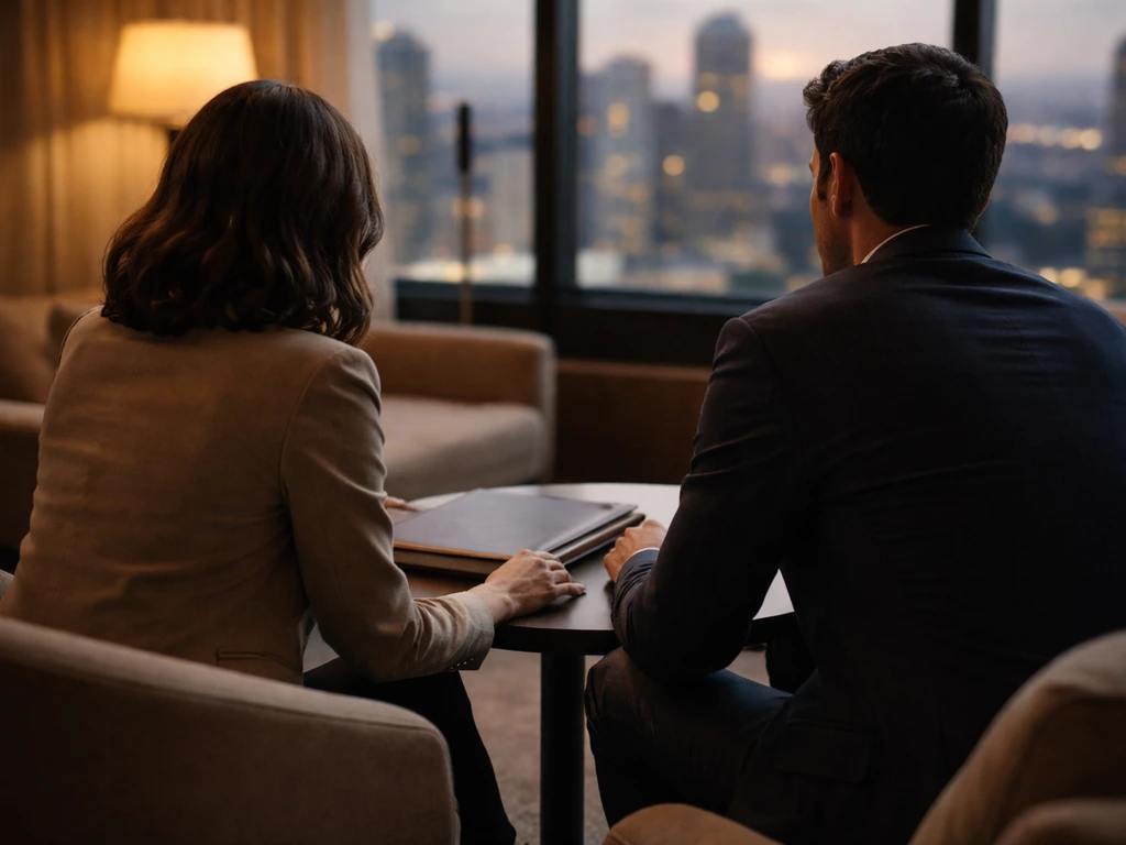 Two adults in a quiet luxury lounge with a portfolio and city view, symbolizing shared financial success.