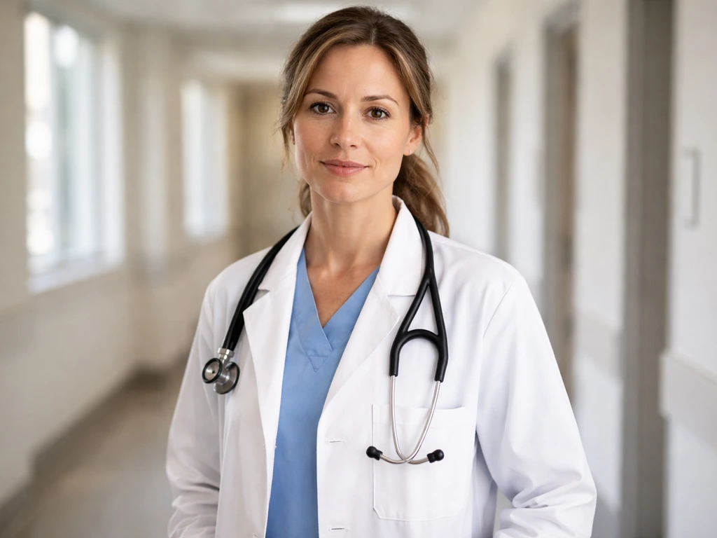 Pediatric emergency medicine physician in a clean hospital corridor with a stethoscope, credential-focused atmosphere.