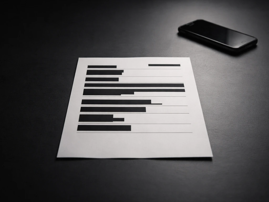 Redacted identity document placeholder on a dark desk, symbolizing unknown public records