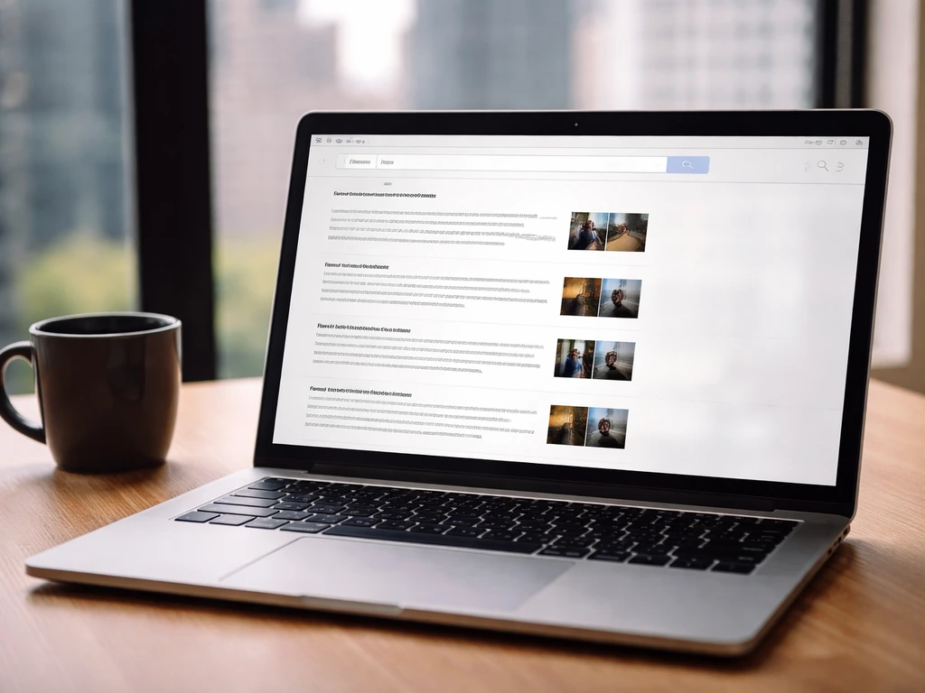Close-up of a laptop showing a generic news site search results page with no specific person shown.