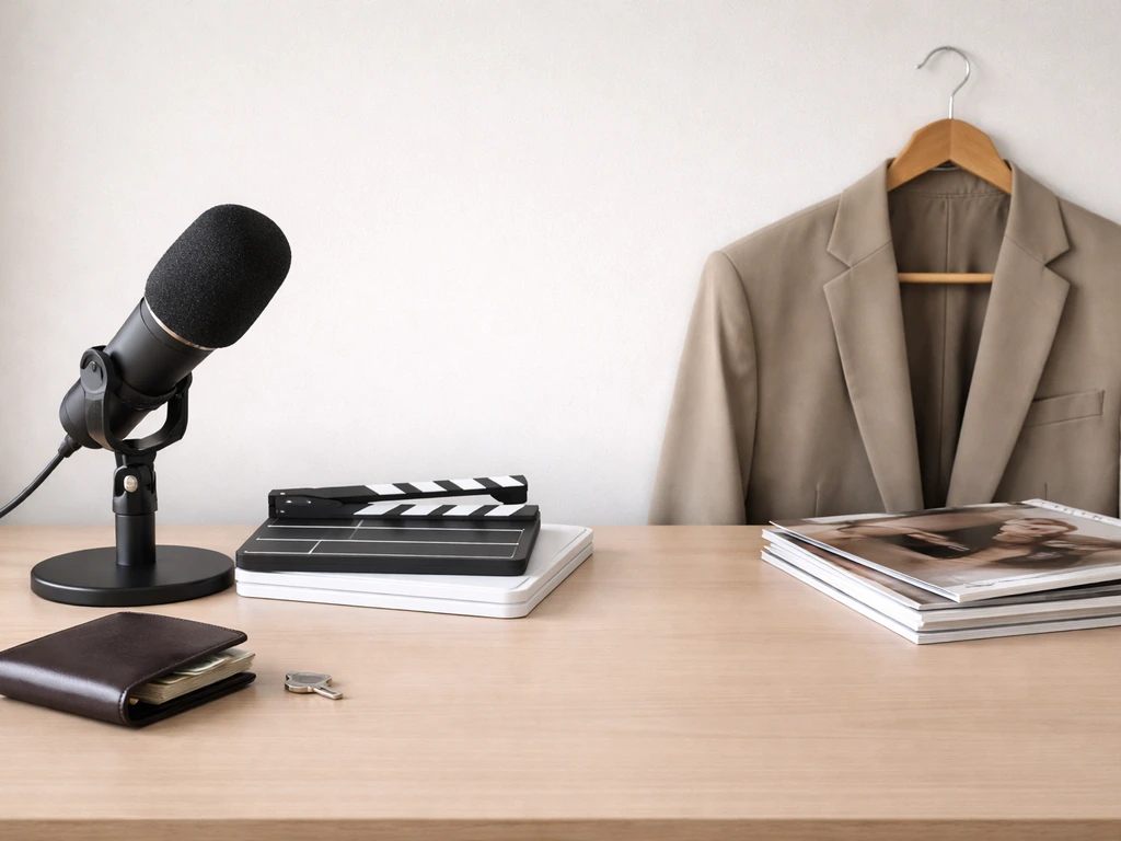 Empty studio desk with microphone and fashion items, symbolizing media and fashion income streams.