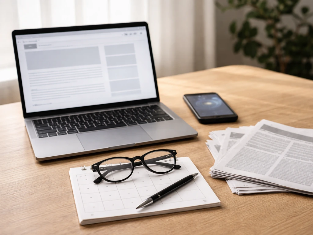 Minimal desk scene with laptop, phone, calendar, and clippings symbolizing how to verify and update numbers.