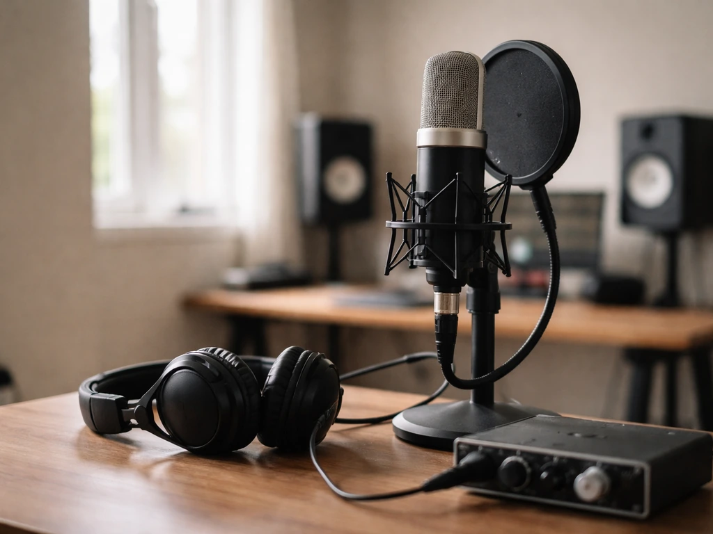 Minimal music studio scene with a microphone and audio gear symbolizing a music producer’s identity.