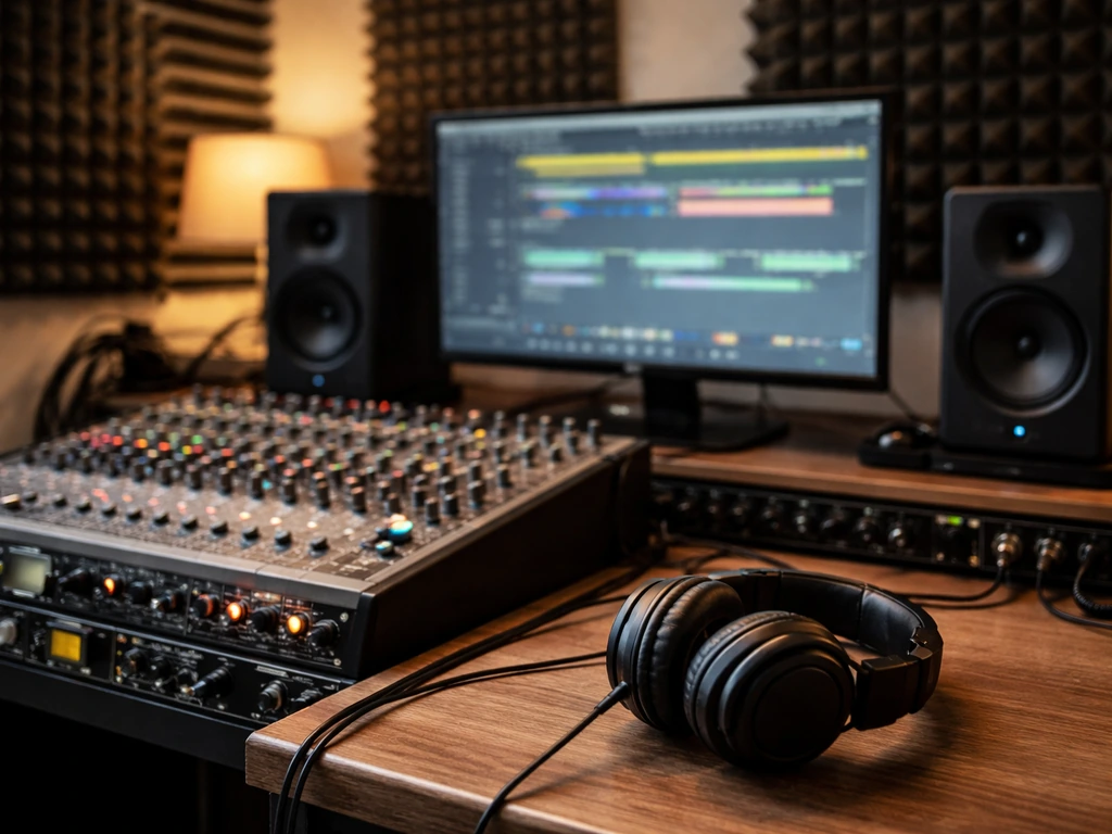 Minimal music studio desk with mixing console, headphones, and a monitor showing abstract session visuals.