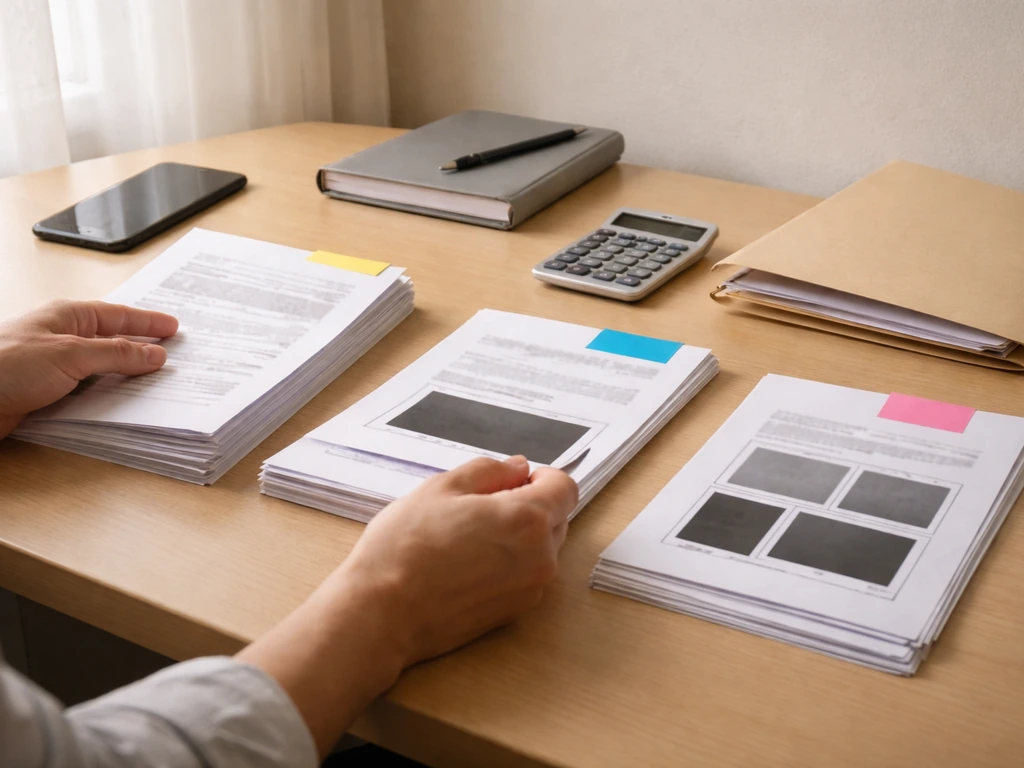 Hands sorting blank documents into three evidence piles on a minimal desk with phone and calculator.