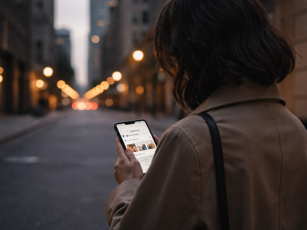 Anonymous person walking in a softly lit city at dusk holding a smartphone, suggesting relationship rumors.