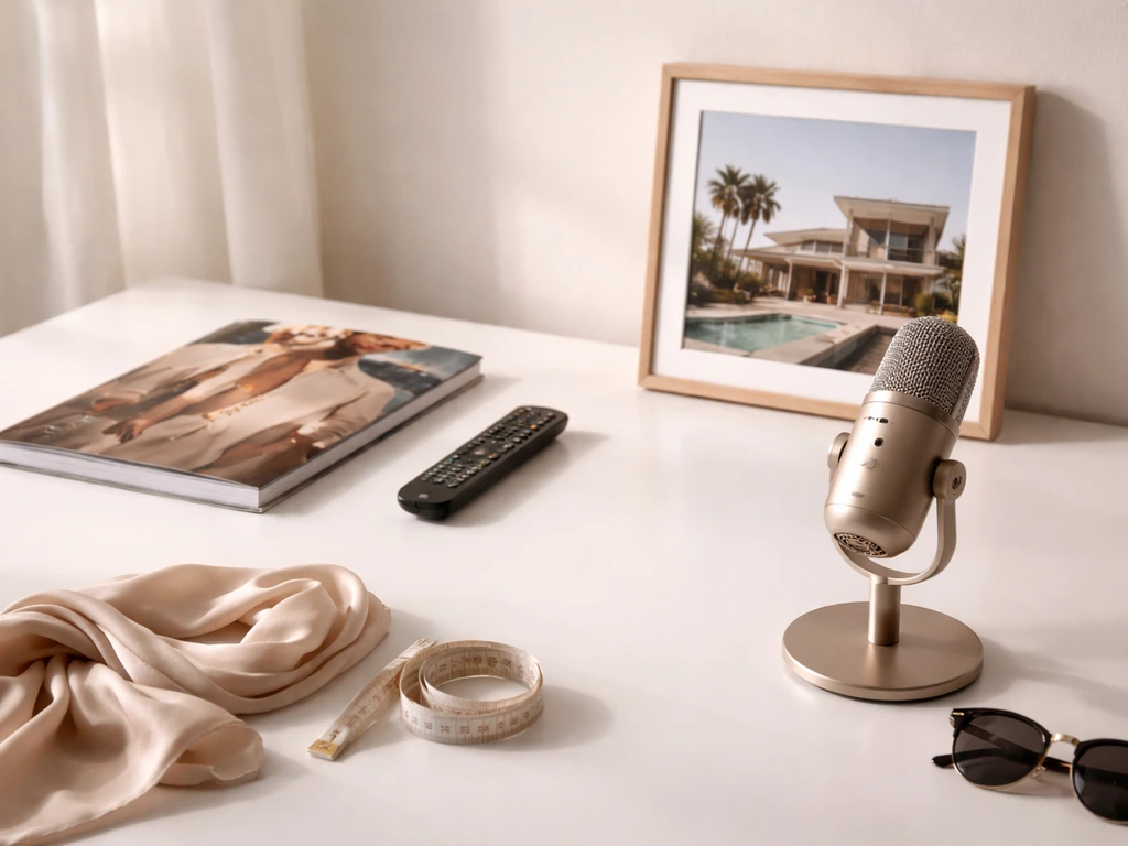 Minimal desk collage with studio media items, fashion accessory, and modern home photo symbols of wealth.