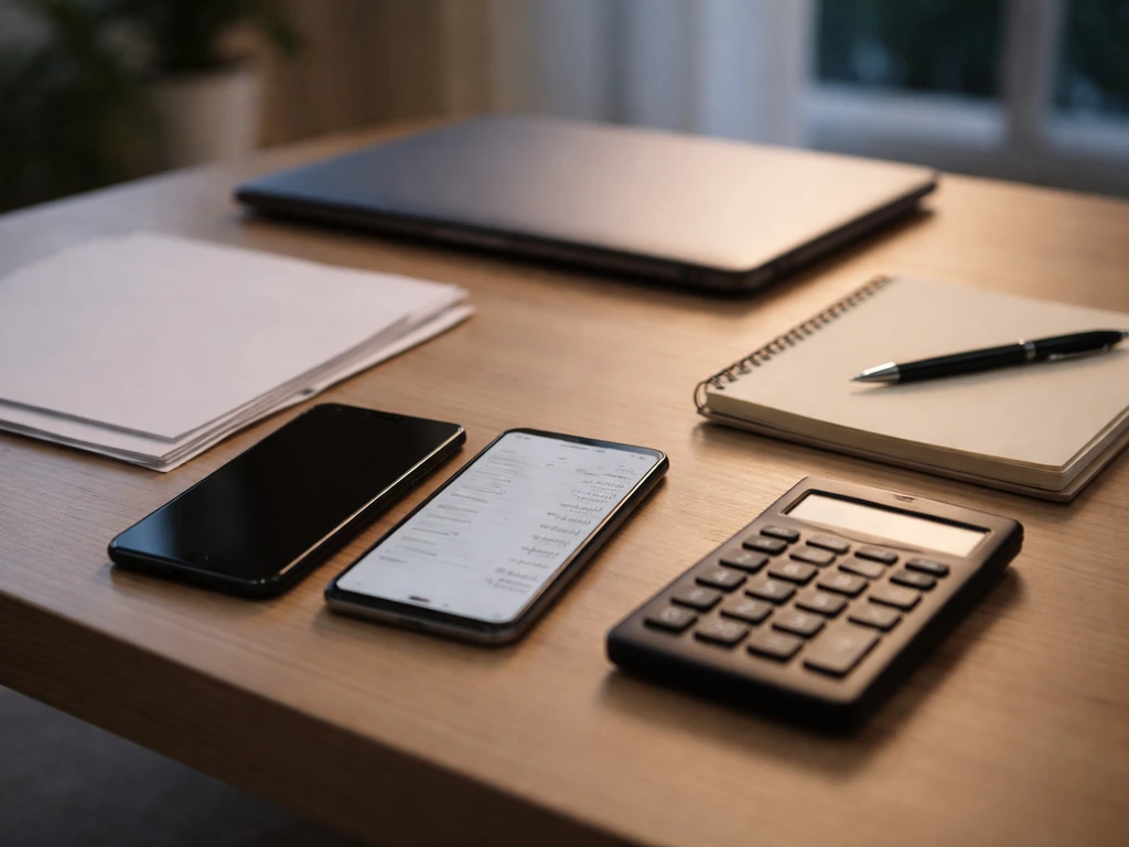 Minimal home office desk with two phones and finance tools suggesting verifying numbers online
