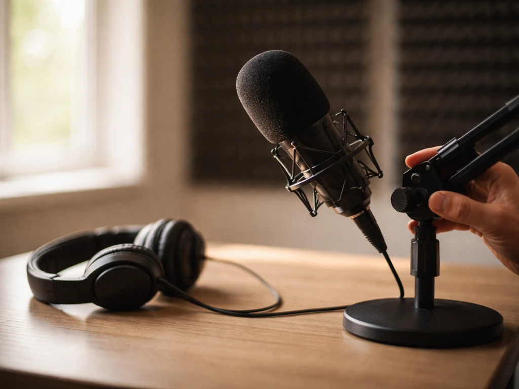 Podcast studio scene with a microphone on a desk, suggesting media and comedy hosting