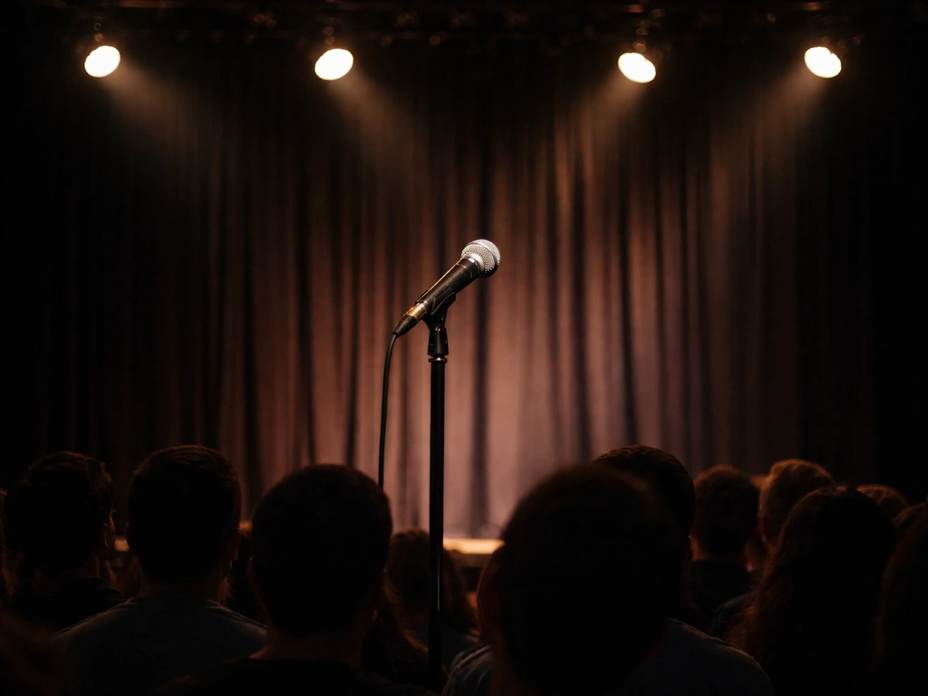 Unbranded microphone on a comedy stage with soft lights, audience silhouettes in the background.