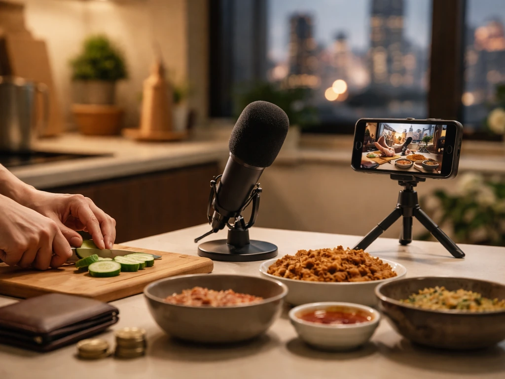 Moody home kitchen scene with streaming mic and cash-like props on a counter, suggesting a mukbang wealth theme