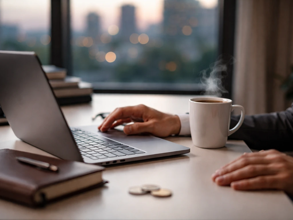 Minimal office desk scene with a laptop and coffee, symbolizing a business media career