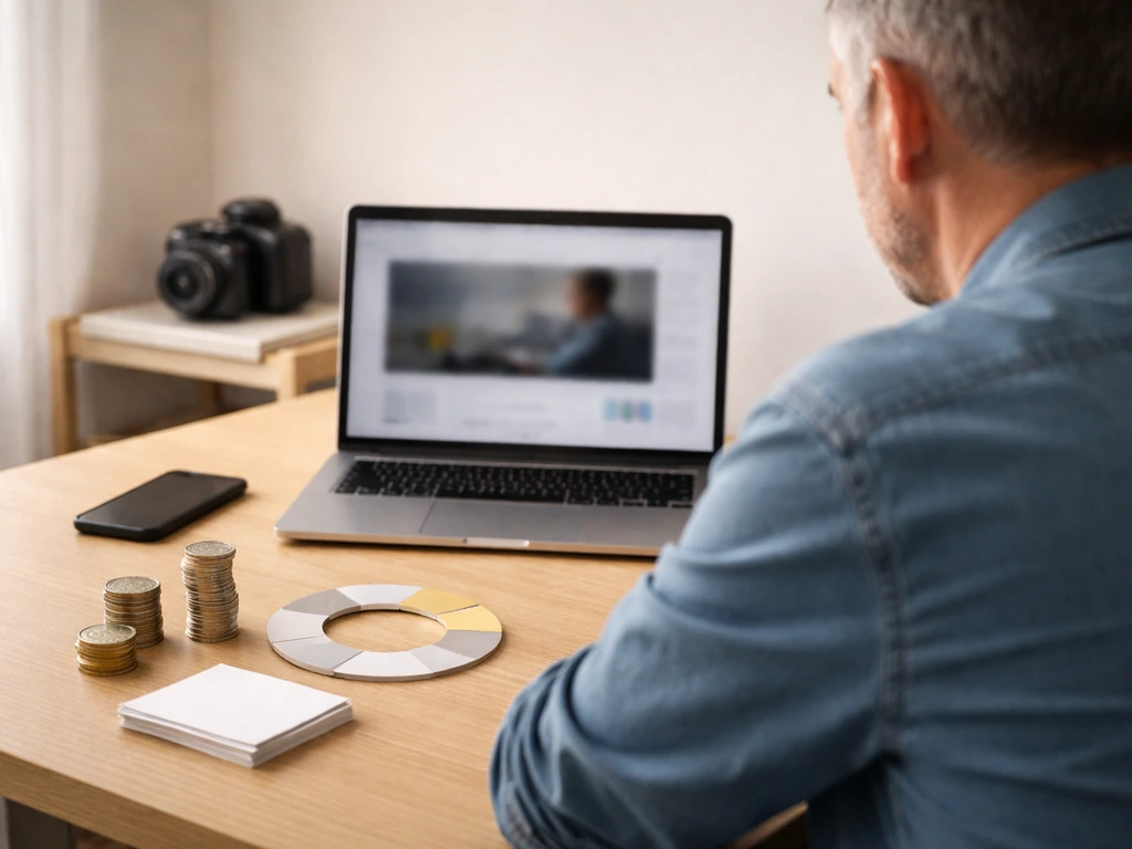 Anonymous creator’s husband/manager in a home office with camera, laptop, and simple wealth symbolism