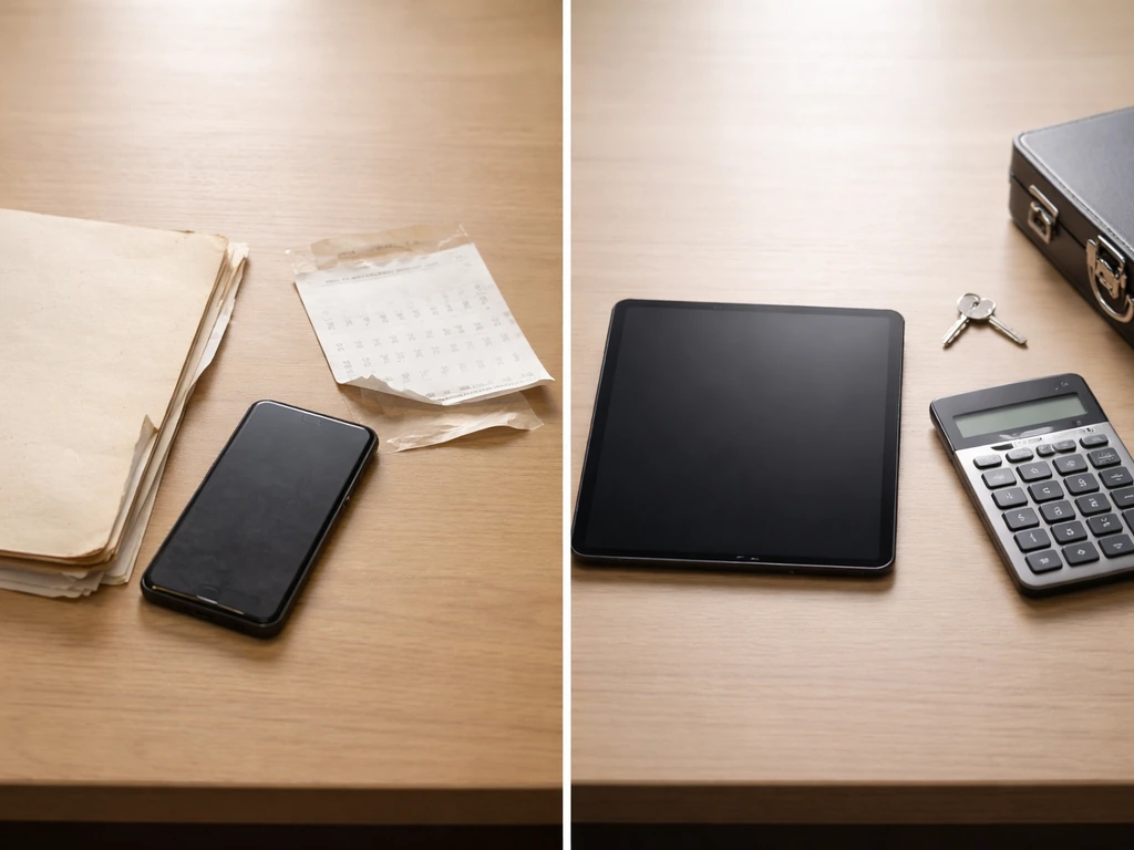 Split-view photo of anonymous desk items suggesting conflicting net worth estimates