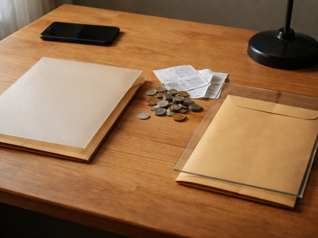 Minimal desk scene with two envelopes and scattered coins symbolizing conservative vs aggressive net worth estimates.