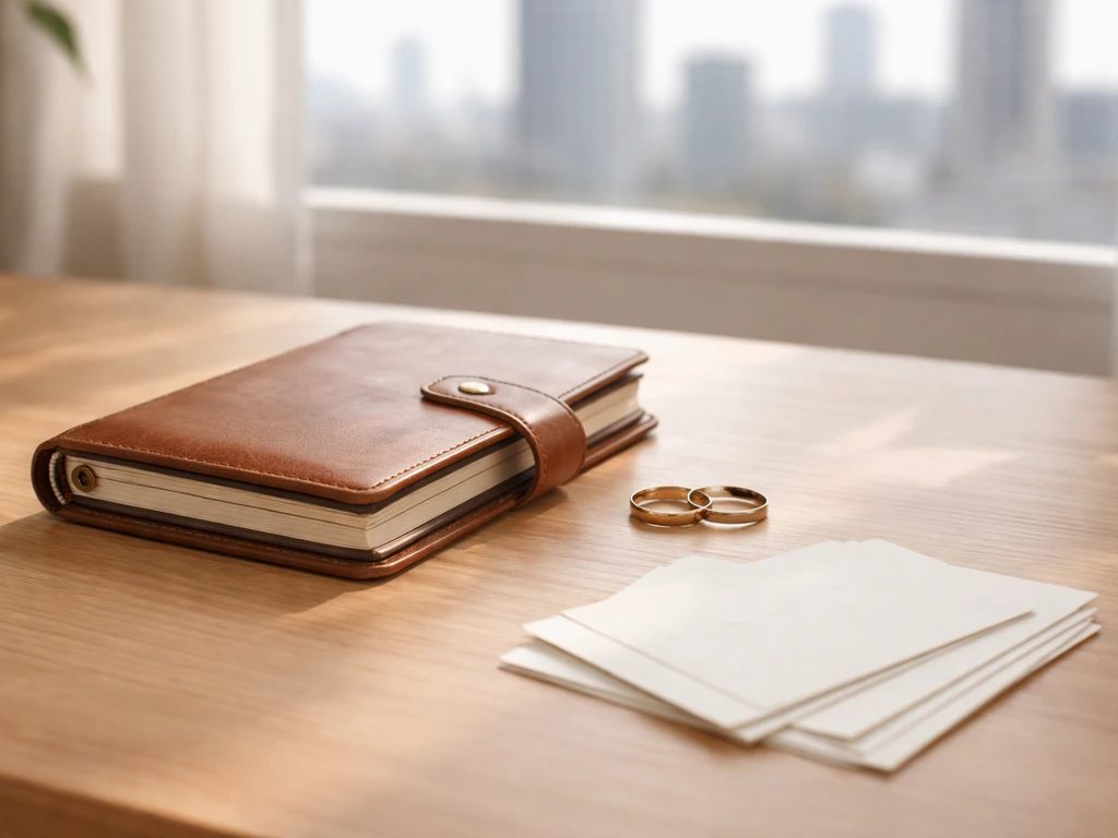 Close-up of a leather planner and wedding rings on a wooden desk by a window, minimal setting.