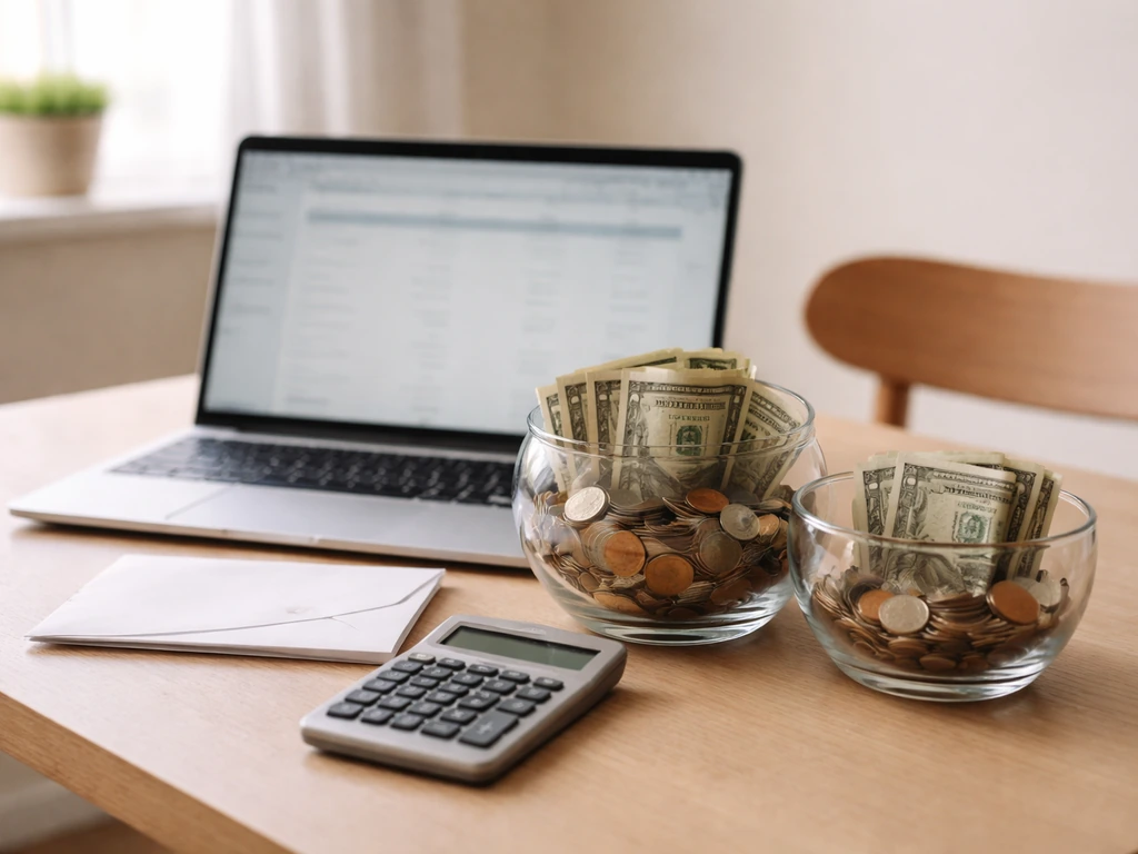 Coins and cash in two glass bowls on a table beside a laptop, one fuller than the other.