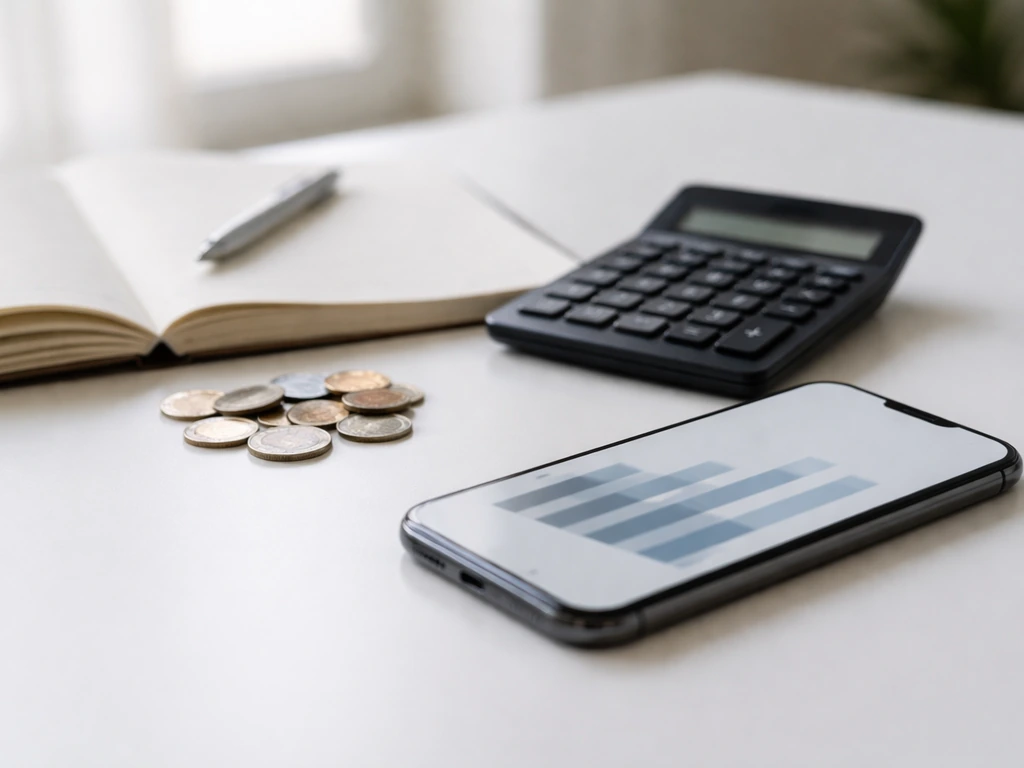 Minimal desk scene with a smartphone showing a generic media metric and a calculator with coins nearby