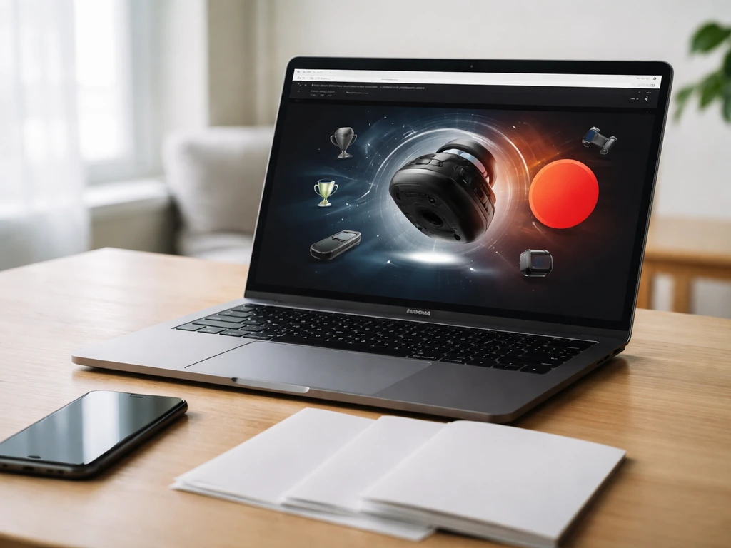 Laptop on a desk showing a dark-mode sports-tech giveaway promo page with prize-themed graphics.