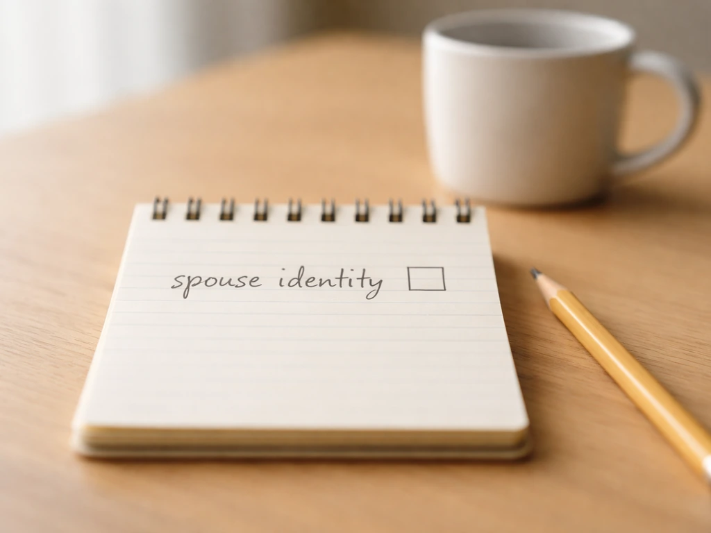 Minimal office desk with an open checklist-style notepad showing an unchecked “spouse identity” item
