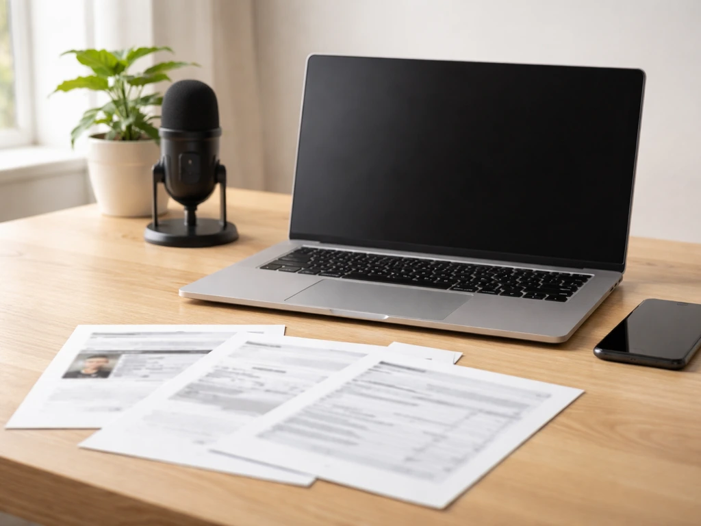 Minimal desk with laptop, phone, and blank documents suggesting an online identity and earnings verification workflow.