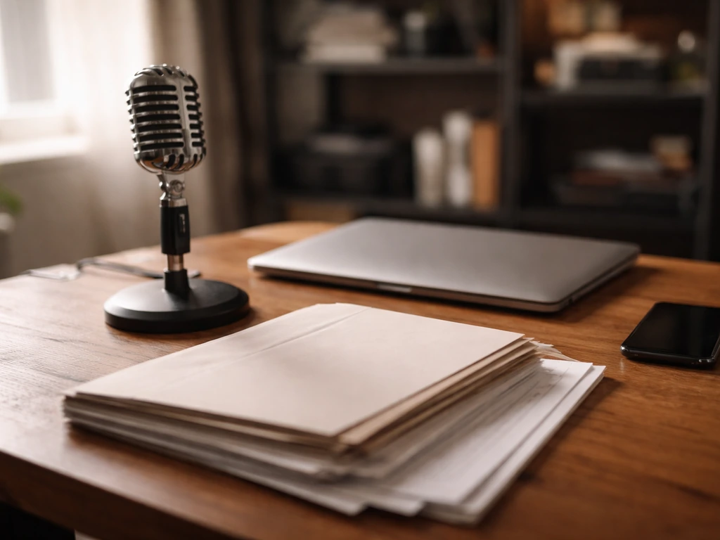 Talent management professional workspace with music studio elements and neatly arranged contracts, no person shown