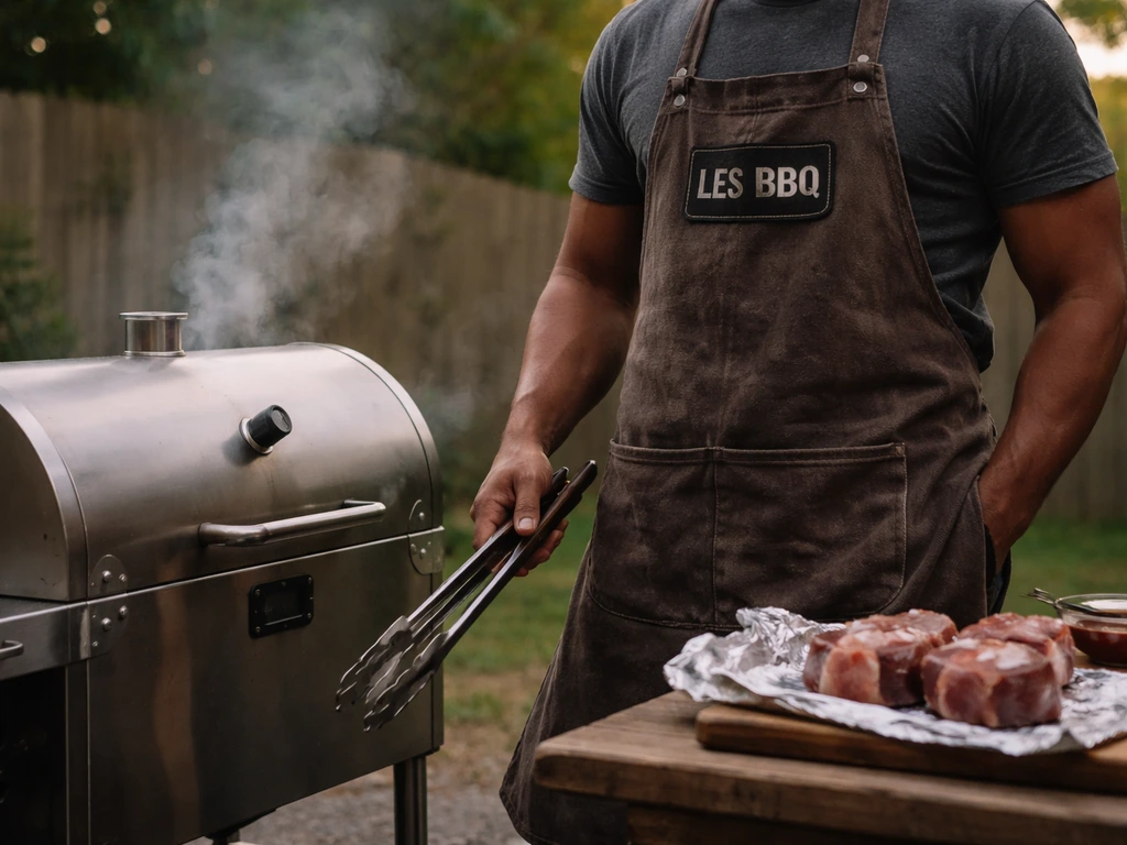 Pitmaster in a tidy outdoor smoker setup wearing an LES BBQ apron, holding a pair of tongs