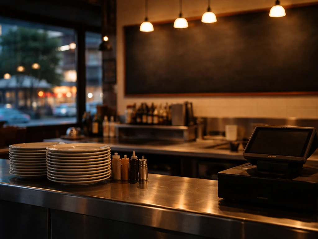 Quiet restaurant counter at dusk with cash register and city lights, symbolizing business valuation and finances.
