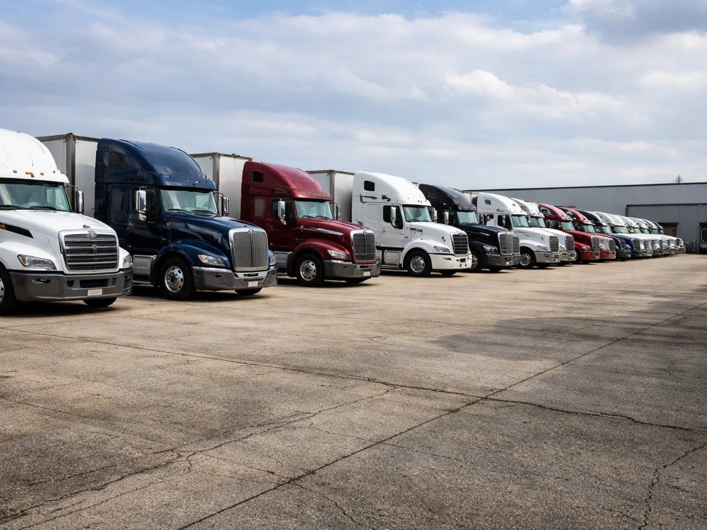 A row of heavy trucks and trailers at a dealership lot in natural light