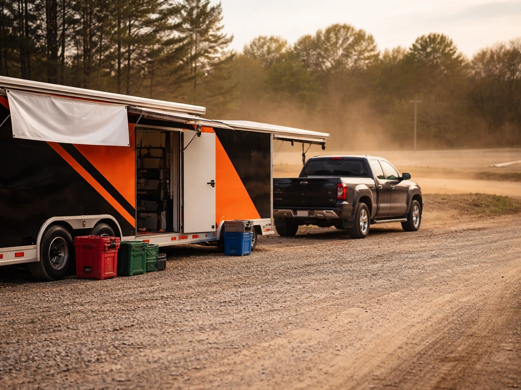 Race trailer and pickup parked by a dirt track in West Tennessee with a blank banner and no people