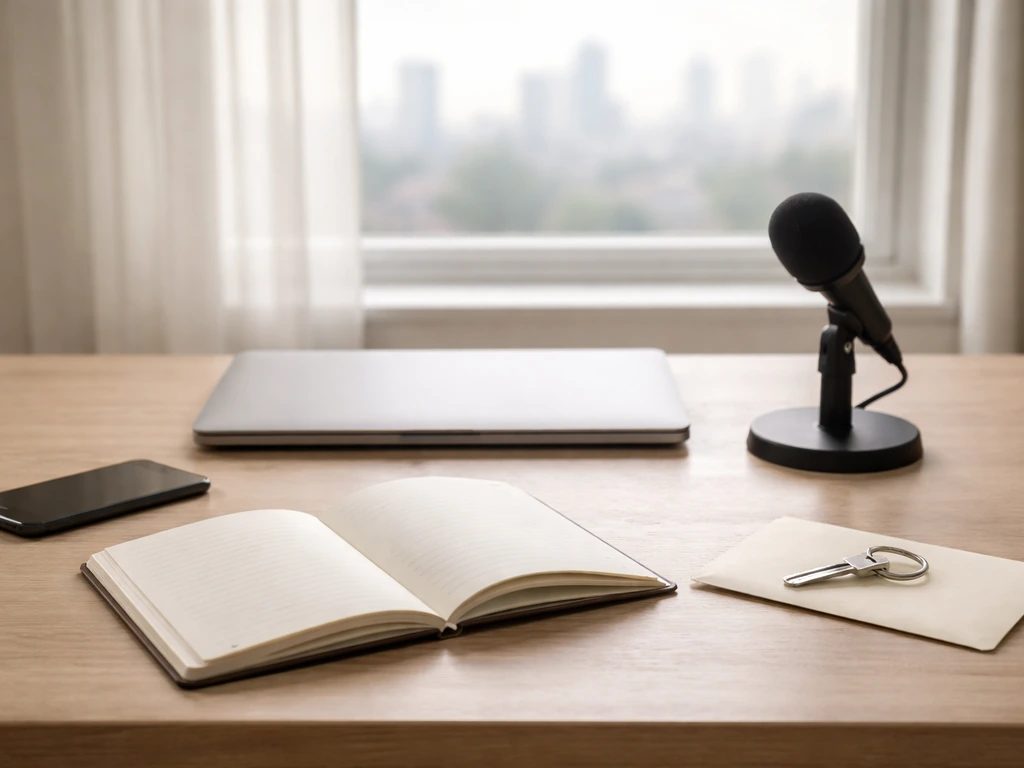 Empty office desk with microphone and blank notebook, symbolizing unverified personal information