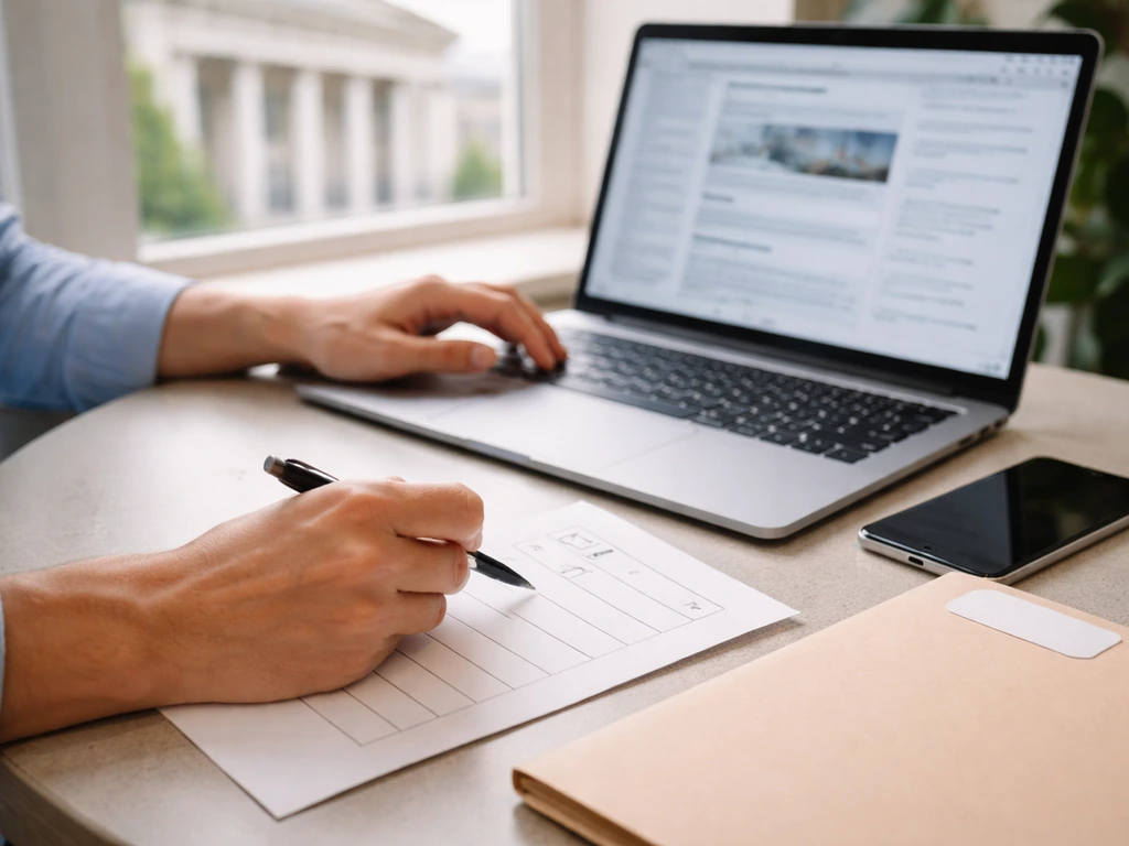 Hands at a desk reviewing blurred business registry pages and a blank checklist for net worth verification.