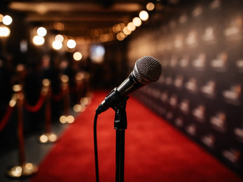 Close-up of a microphone on a stand with soft premiere lights in the background, no people visible.
