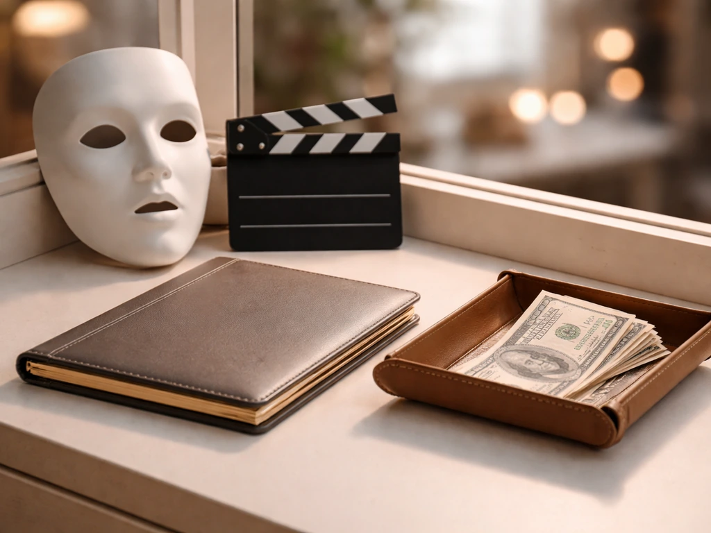 Minimal desk still life with theater mask, clapperboard, and money to symbolize income streams.