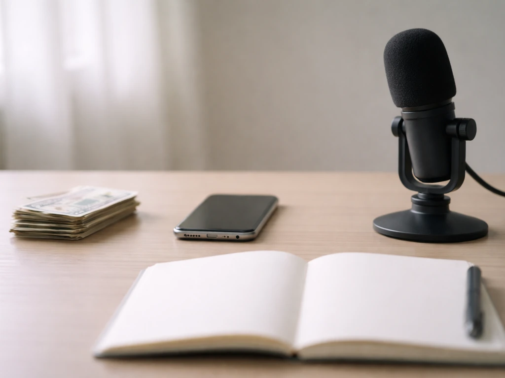 Minimal office desk with cash and three media devices, suggesting varying net worth estimates