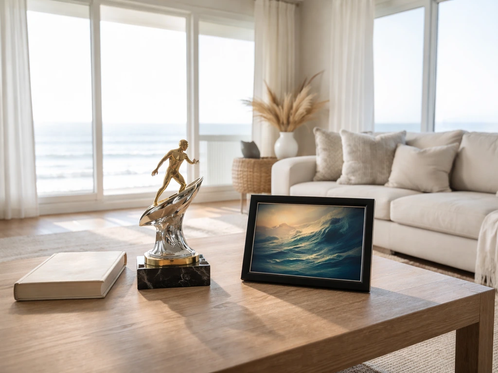 Minimal luxury coastal living room scene with a surfing trophy and a framed movie-style poster prop, no people