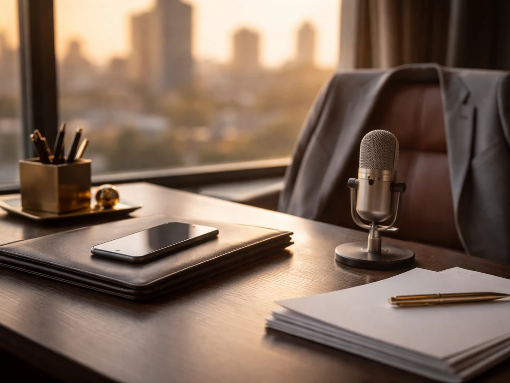 Minimal office desk scene with microphone, smartphone, and city skyline, symbolizing media and earning power.