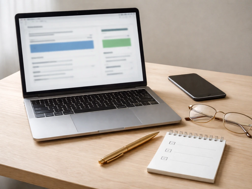 Desk with laptop and checklist notepad to visually represent verifying a net worth page for stale data.