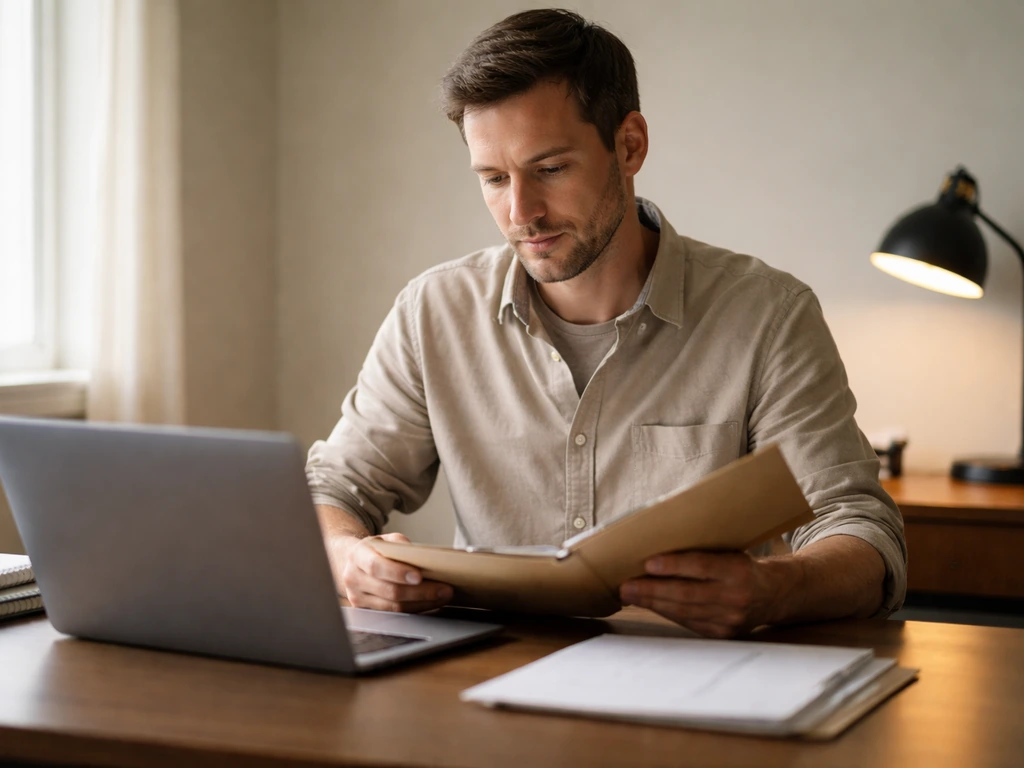 Unidentified man in a quiet home office reviewing an open laptop and folder under natural light.