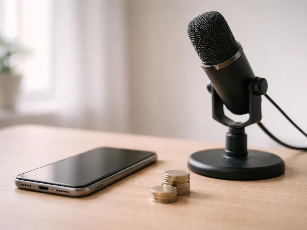 Close-up of a smartphone on a desk beside a studio microphone and a few coins, suggesting media income