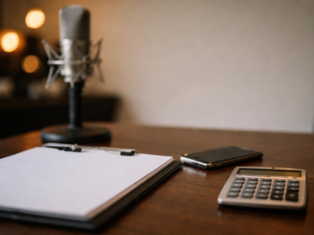 Close-up of an unsigned music-industry contract folder beside a studio microphone and calculator, suggesting management