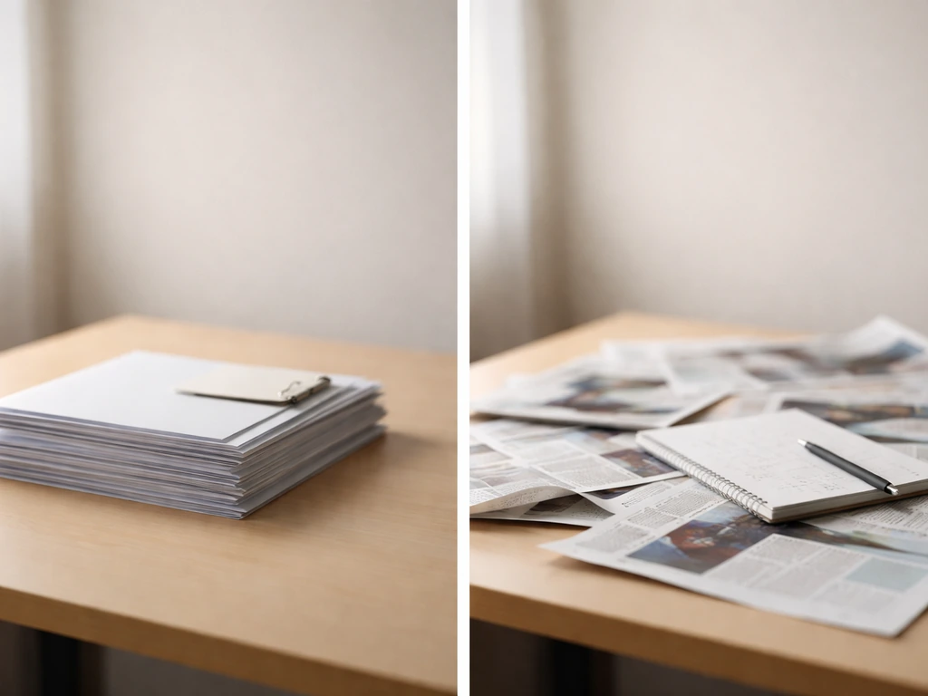 Minimal split-screen style photo showing verified documents on one side and vague rumor-like blur on the other.