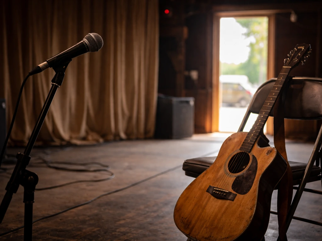 Unbranded microphone and guitar backstage with warm light, evoking a public country-rap performance vibe.