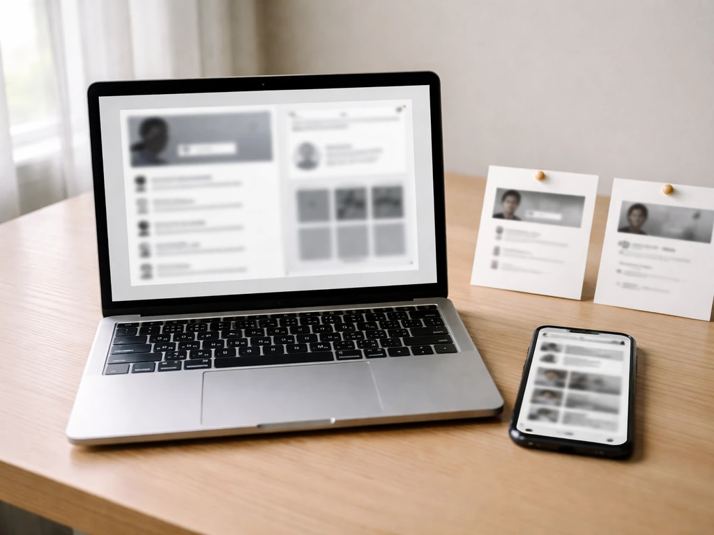 Minimal tabletop with laptop and phone showing blurred, blank listing tiles—suggesting unverified channel info.