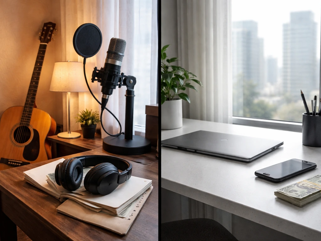 Split scene showing an indie music studio desk and a city office window with money and microphones nearby.